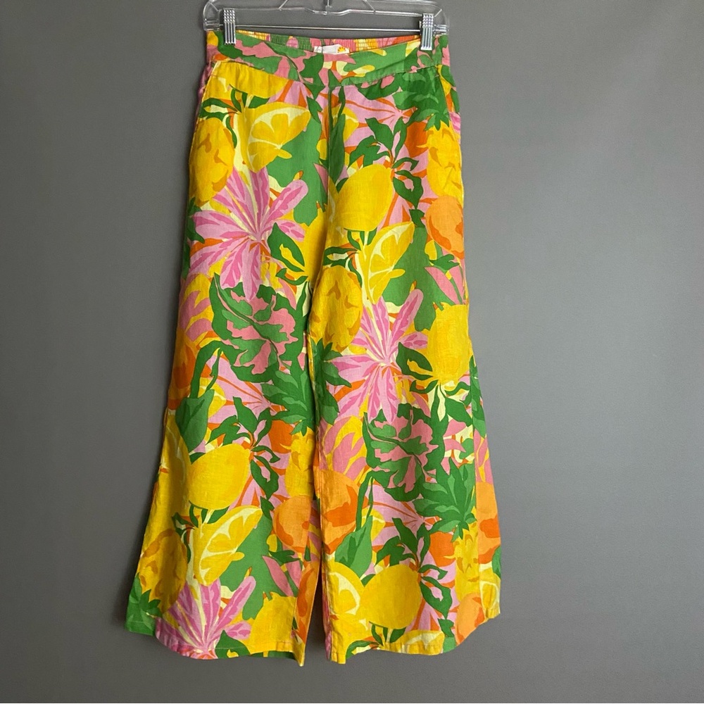 C&C California Womens Funky Floral Wide Leg Hawaiian 100% linen Pants- M